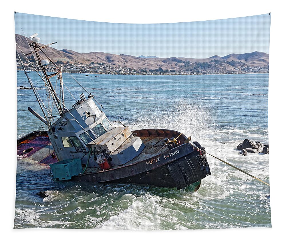 Darin Volpe Ships And Boats Tapestry featuring the photograph Catch of the Day -- Abandoned Fishing Boat in Cayucos, California by Darin Volpe