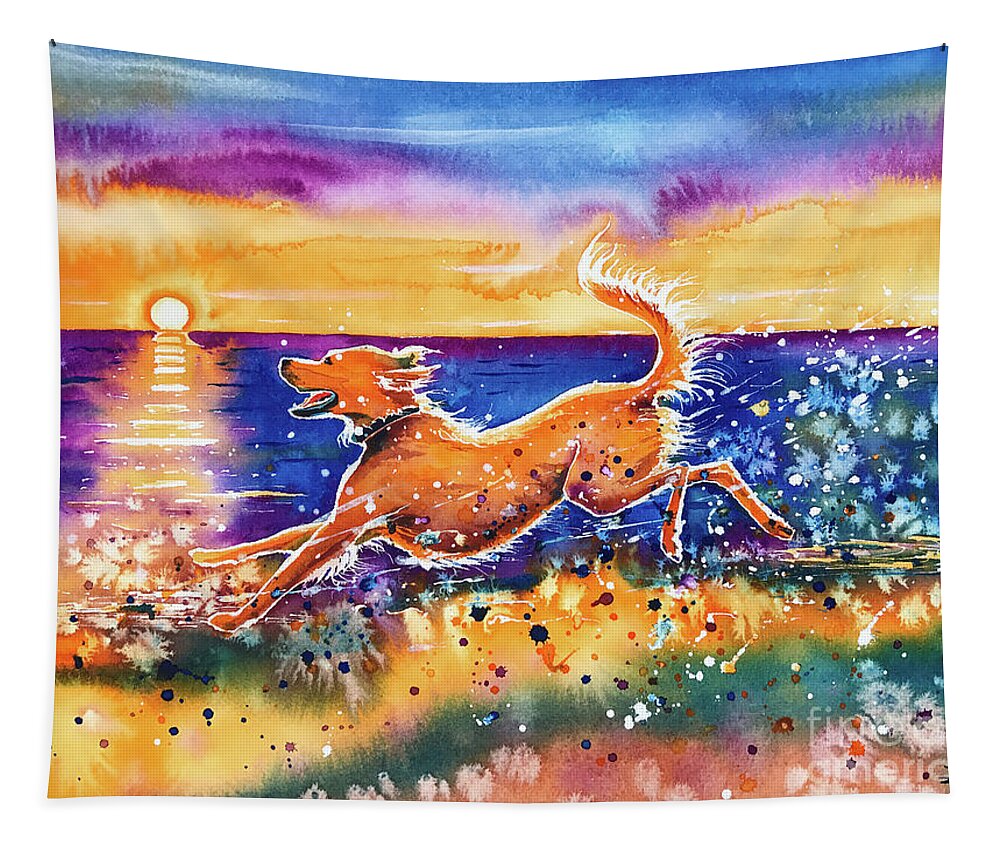 Golden Retriever Tapestry featuring the painting Catching the Sun by Zaira Dzhaubaeva