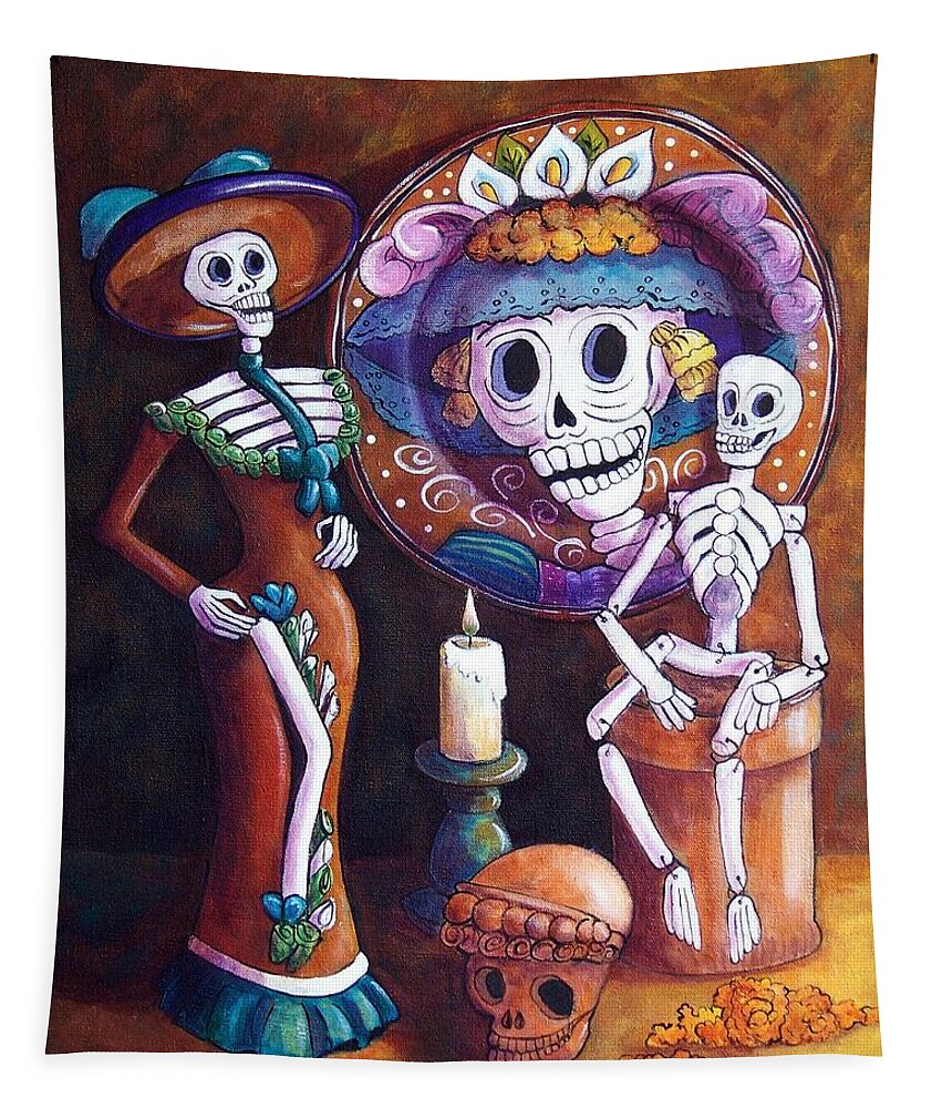 Dia De Los Muertos Tapestry featuring the painting Catrina Group by Candy Mayer