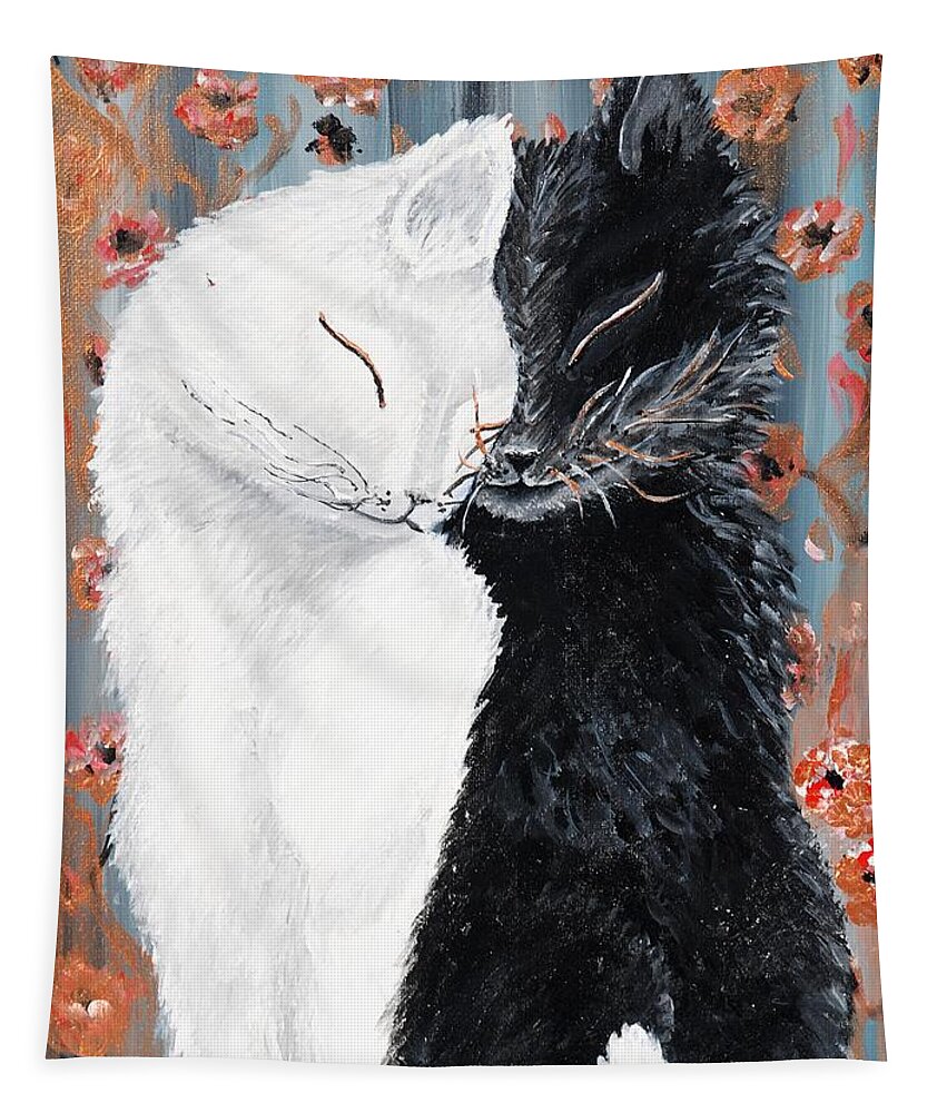 Happiness Romance Harmony Love Cute Cat Person Animal Decor Art Painting Acrylic Canvas Poppies Black And White Gray Tapestry featuring the painting Cat Romance by Medea Ioseliani