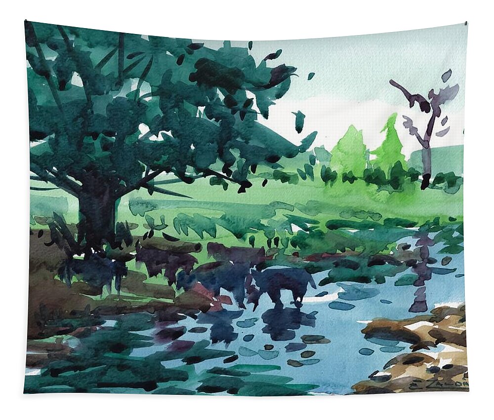 Cattle In The River Tapestry featuring the painting Cattle in the river by Enrique Zaldivar