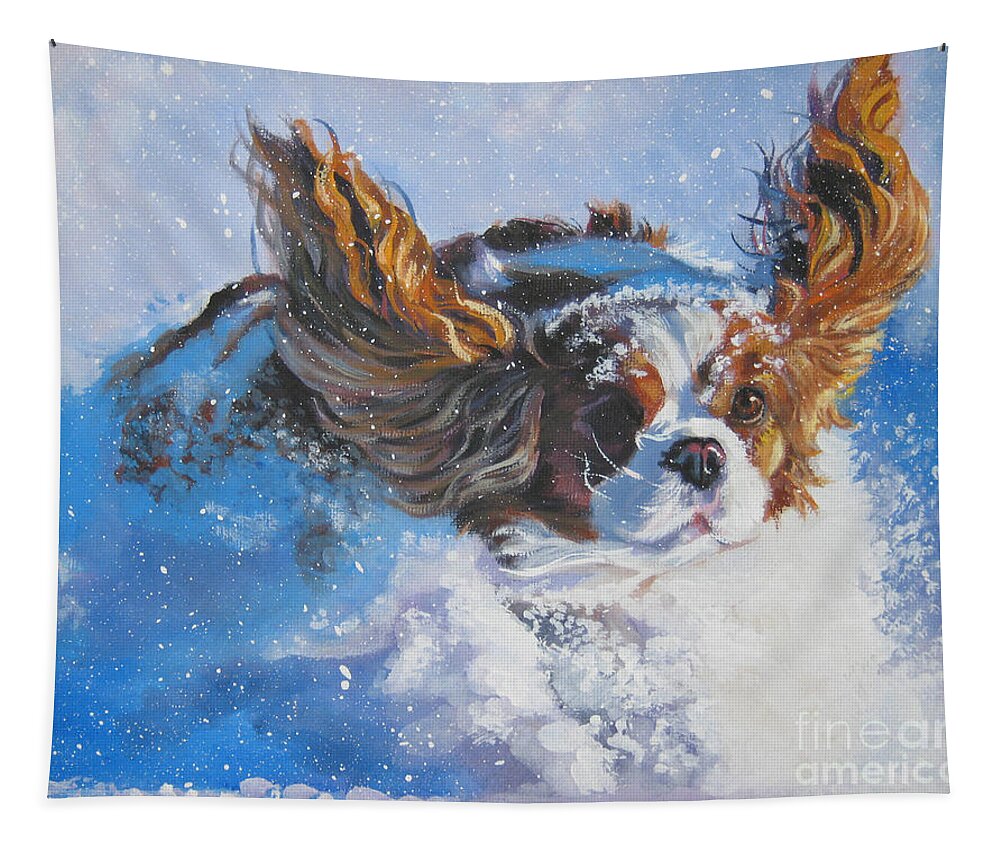 Dog Tapestry featuring the painting Cavalier King Charles Spaniel blenheim in snow by Lee Ann Shepard