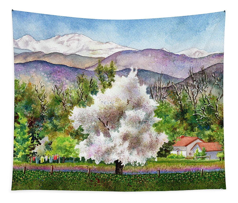 Blossoming Tree Painting Tapestry featuring the painting Celeste's Farm by Anne Gifford