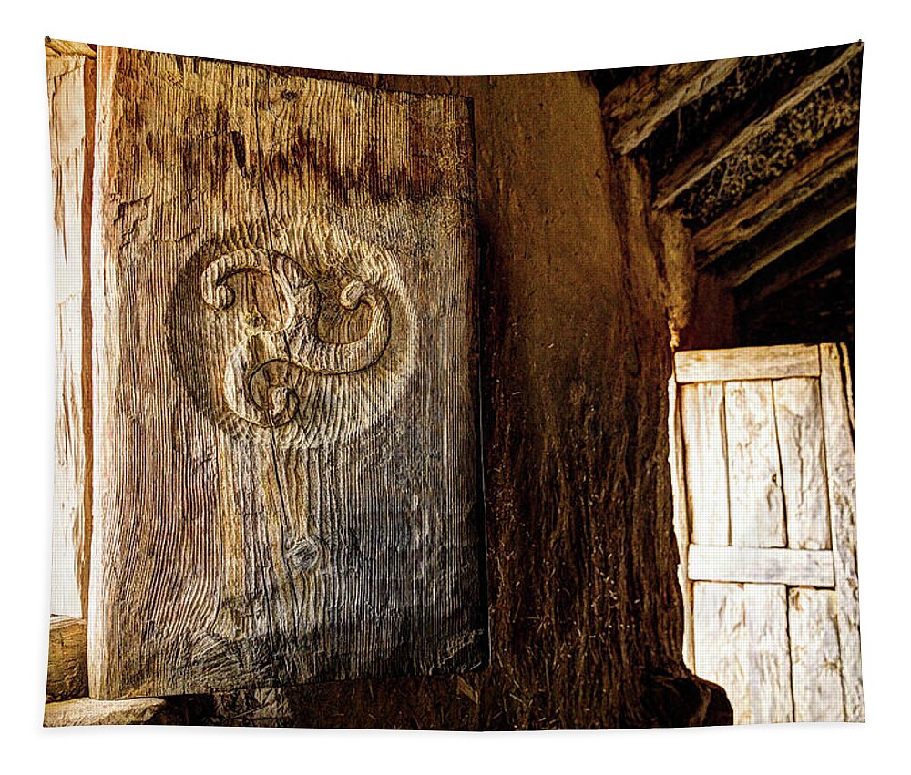 Celtic Tapestry featuring the photograph Celtic window Shutter with carved triskelion and door by Weston Westmoreland