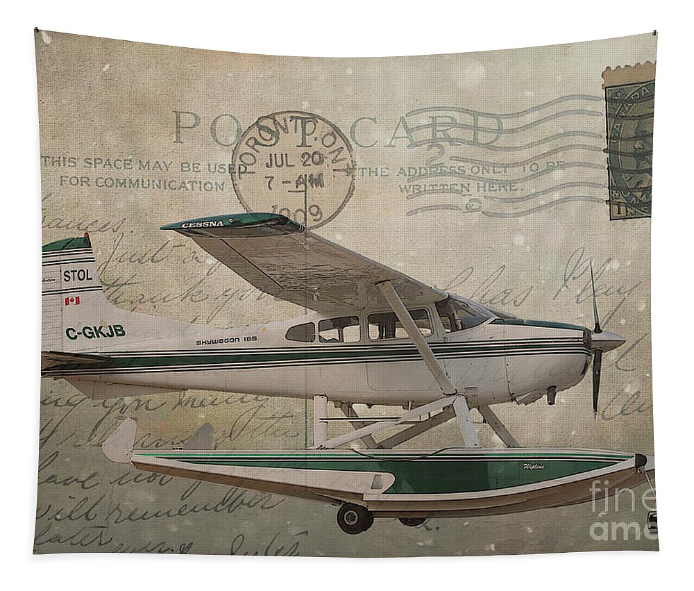 Planes Tapestry featuring the photograph Cessna Skywagon 185 on Vintage Postcard by Nina Silver