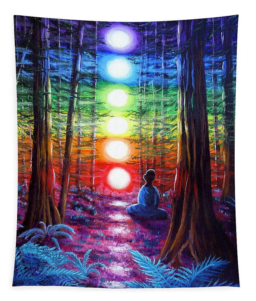 Zen Tapestry featuring the painting Chakra Meditation in the Redwoods by Laura Iverson
