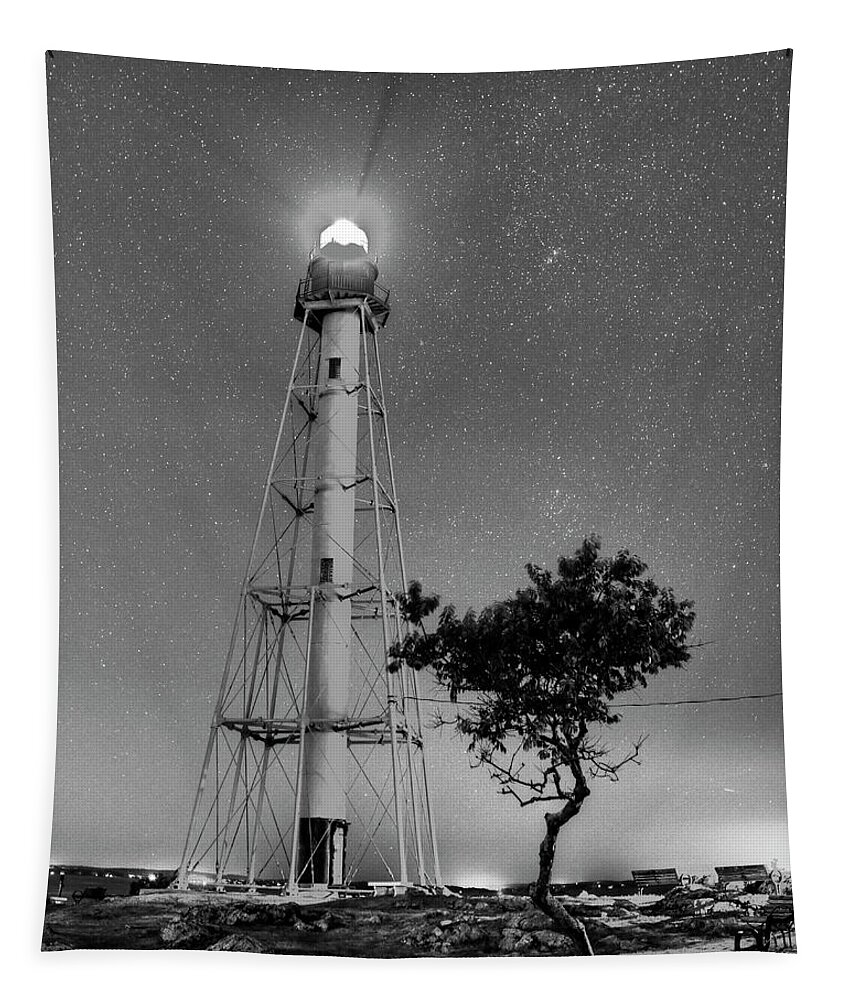 Marblehead Tapestry featuring the photograph Chandler Hovey Light Tower at night Marblehead MA Tree Black and White by Toby McGuire