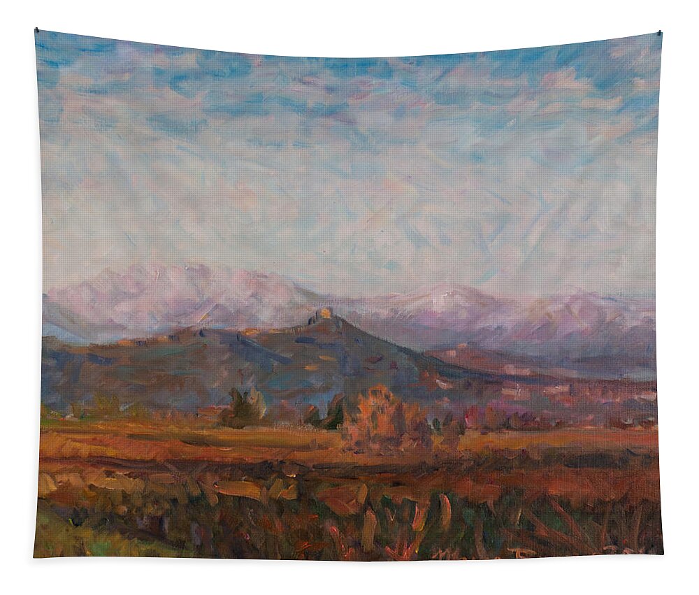 Landscape Tapestry featuring the painting Changing light triptych part 3 by Marco Busoni