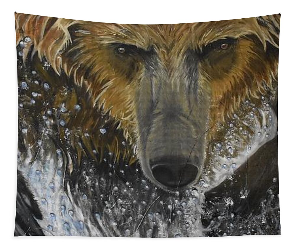 Grizzly Bear Tapestry featuring the painting Charging Grizzly Bear by Marta Pawlowski