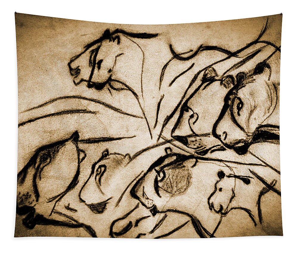 Chauvet Cave Lions Tapestry featuring the photograph Chauvet Cave Lions Burned Leather by Weston Westmoreland