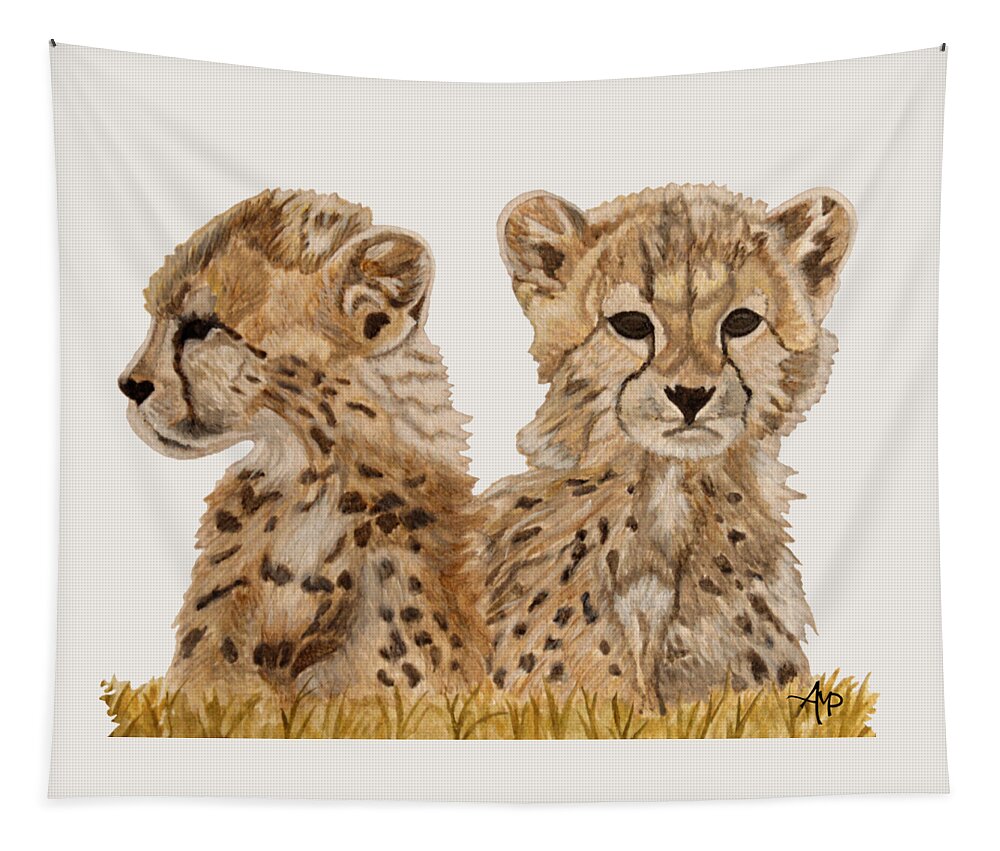 Cheetah Tapestry featuring the painting Cheetah Cubs by Angeles M Pomata