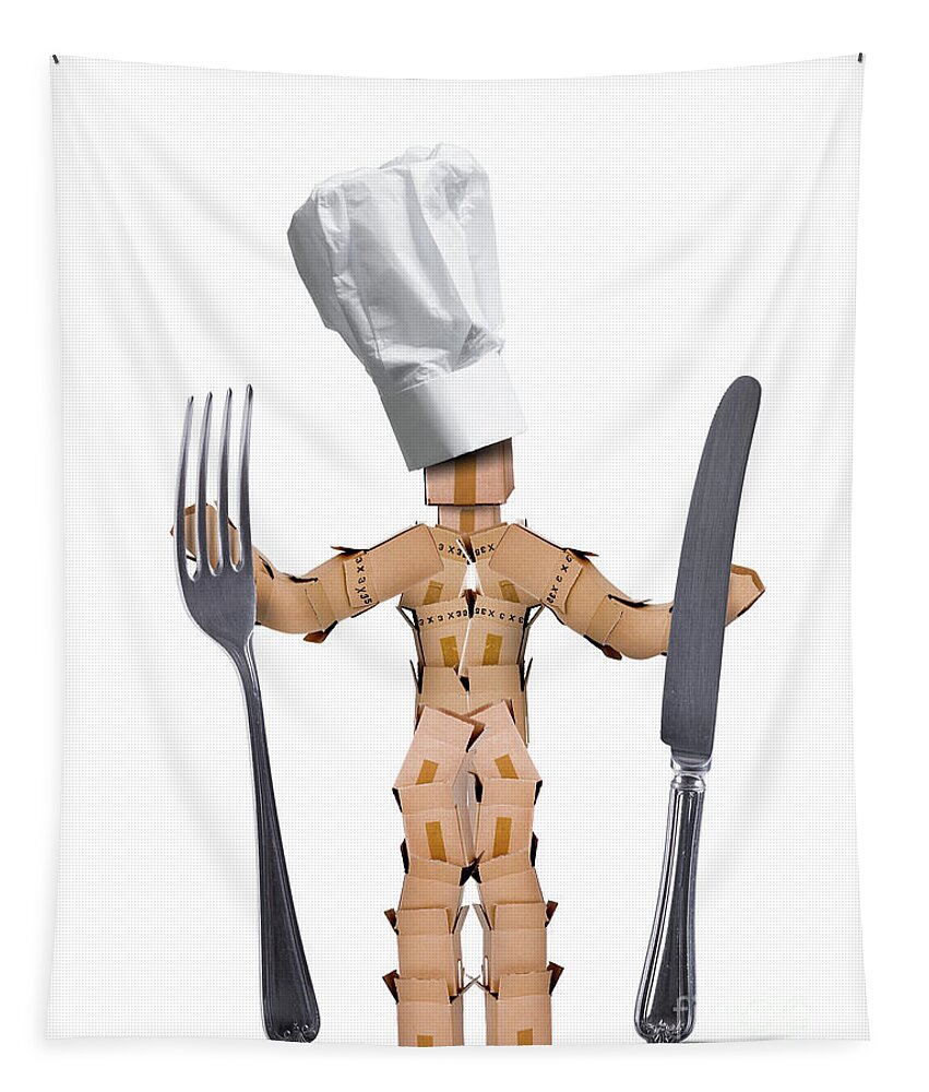 Kitchen Tapestry featuring the digital art Chef box man Character with cutlery by Simon Bratt