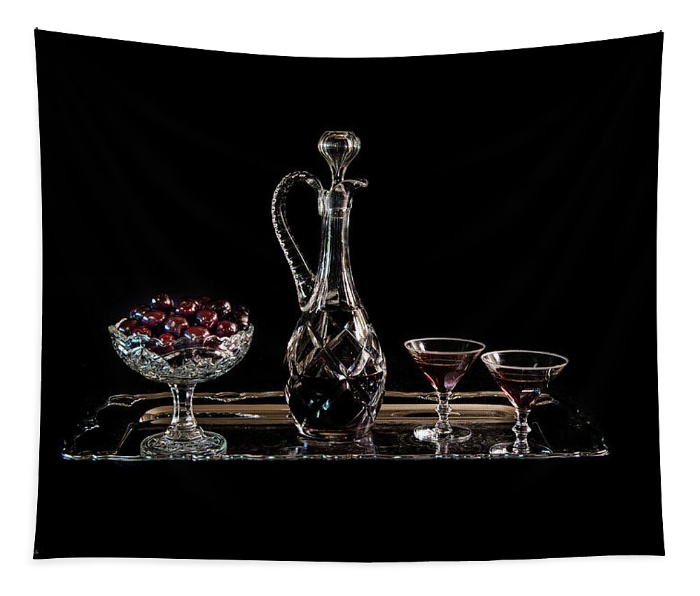 Cherries Tapestry featuring the photograph Cherries in an old fashion way in black - a still life by Torbjorn Swenelius