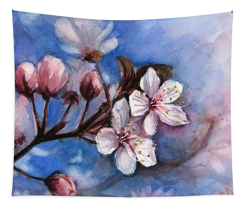 Spring Tapestry featuring the painting Cherry Blossoms by Olga Shvartsur