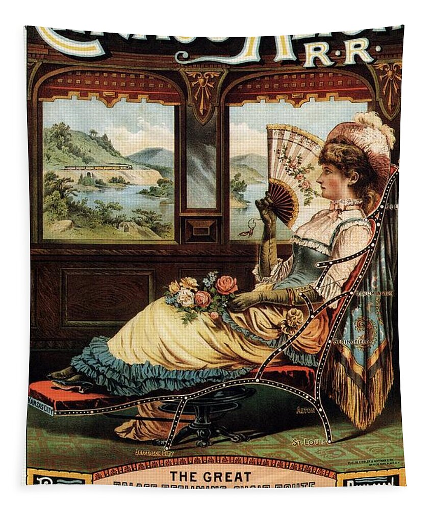 Chicago Tapestry featuring the mixed media Chicago and Alton Railroad - Woman Sitting on Reclining Chair - Vintage Advertising Poster by Studio Grafiikka