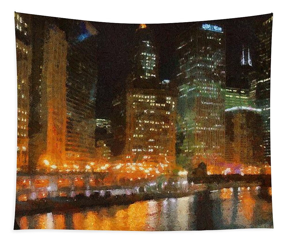 Chicago Tapestry featuring the painting Chicago at Night by Jeffrey Kolker