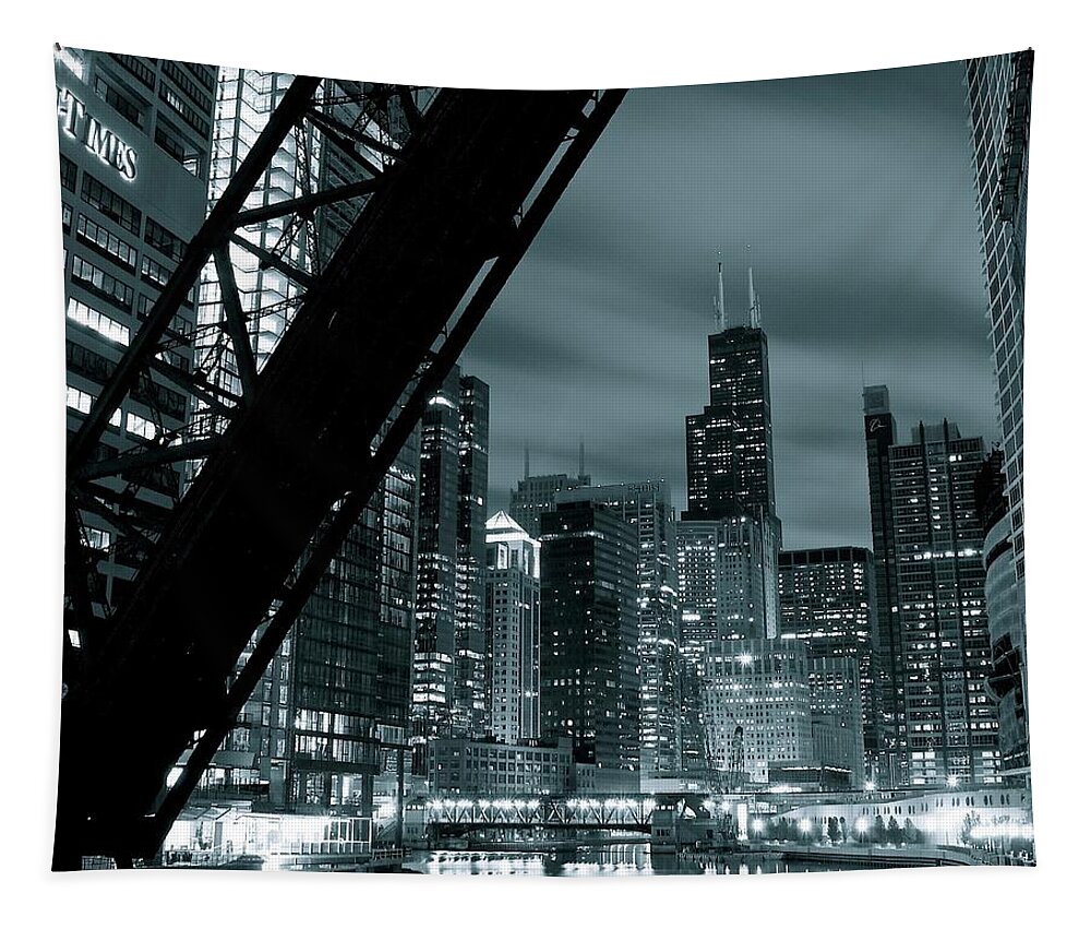 Chicago Tapestry featuring the photograph Chicago Grayscale Night by Frozen in Time Fine Art Photography