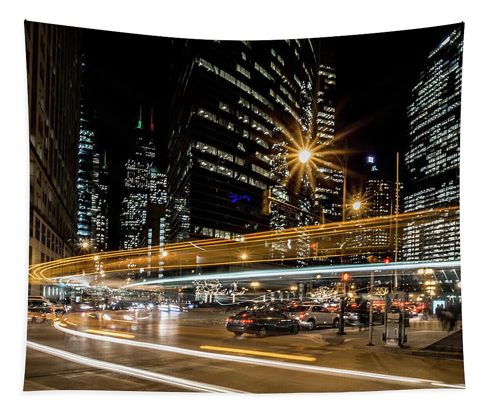 Chicago Tapestry featuring the photograph Chicago Nighttime time exposure by Sven Brogren