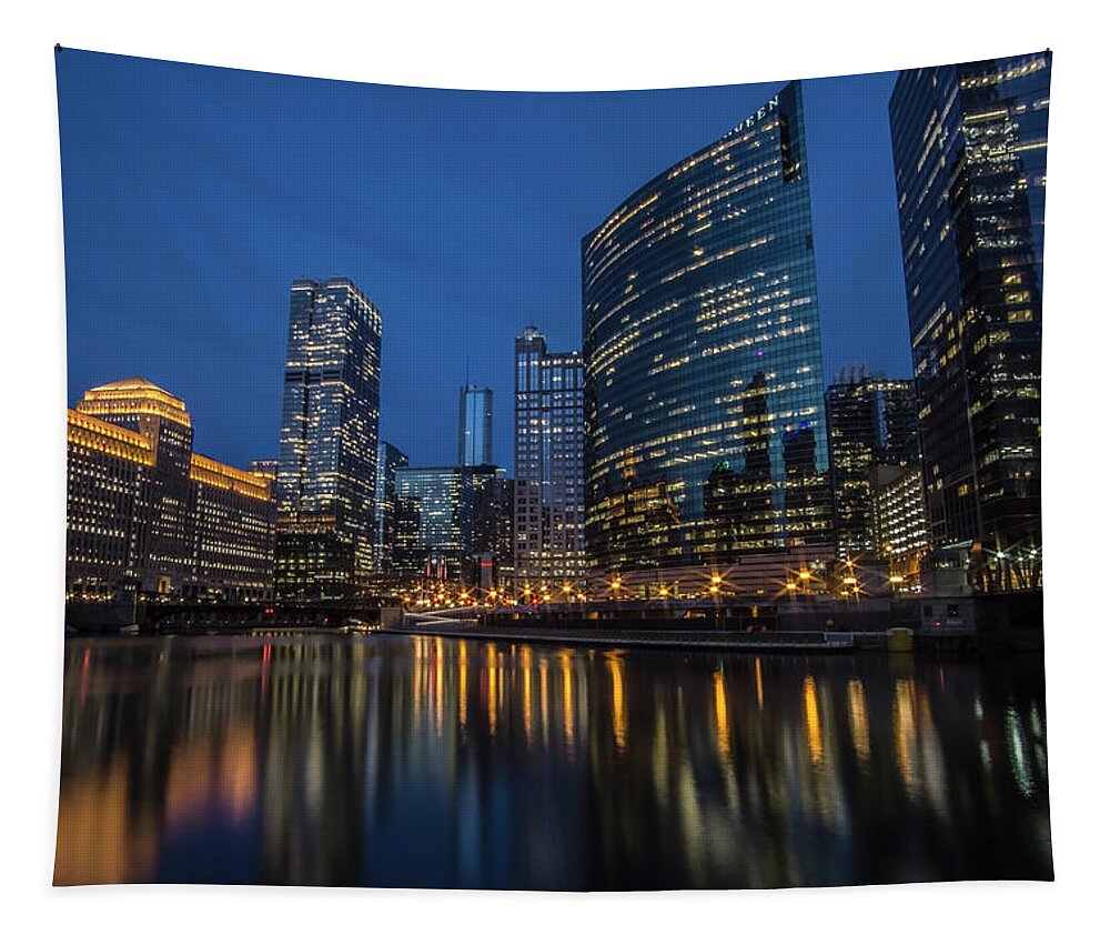 Chicago Tapestry featuring the photograph Chicago River Reflections at dusk by Sven Brogren