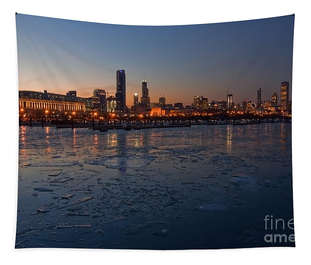 Chicago Tapestry featuring the photograph Chicago skyline at Dusk by Sven Brogren