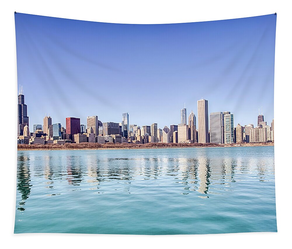 Architecture Tapestry featuring the photograph Chicago Skyline Reflecting in Lake Michigan by Peter Ciro