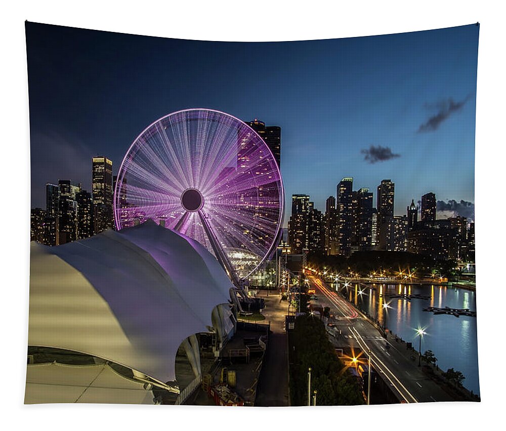 Navy Pier Tapestry featuring the photograph Chicago Skyline with new ferris wheel at dusk by Sven Brogren
