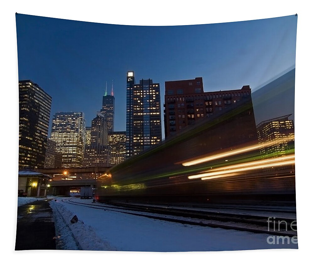 Chicago Skyline Tapestry featuring the photograph Chicago Train Blur by Sven Brogren