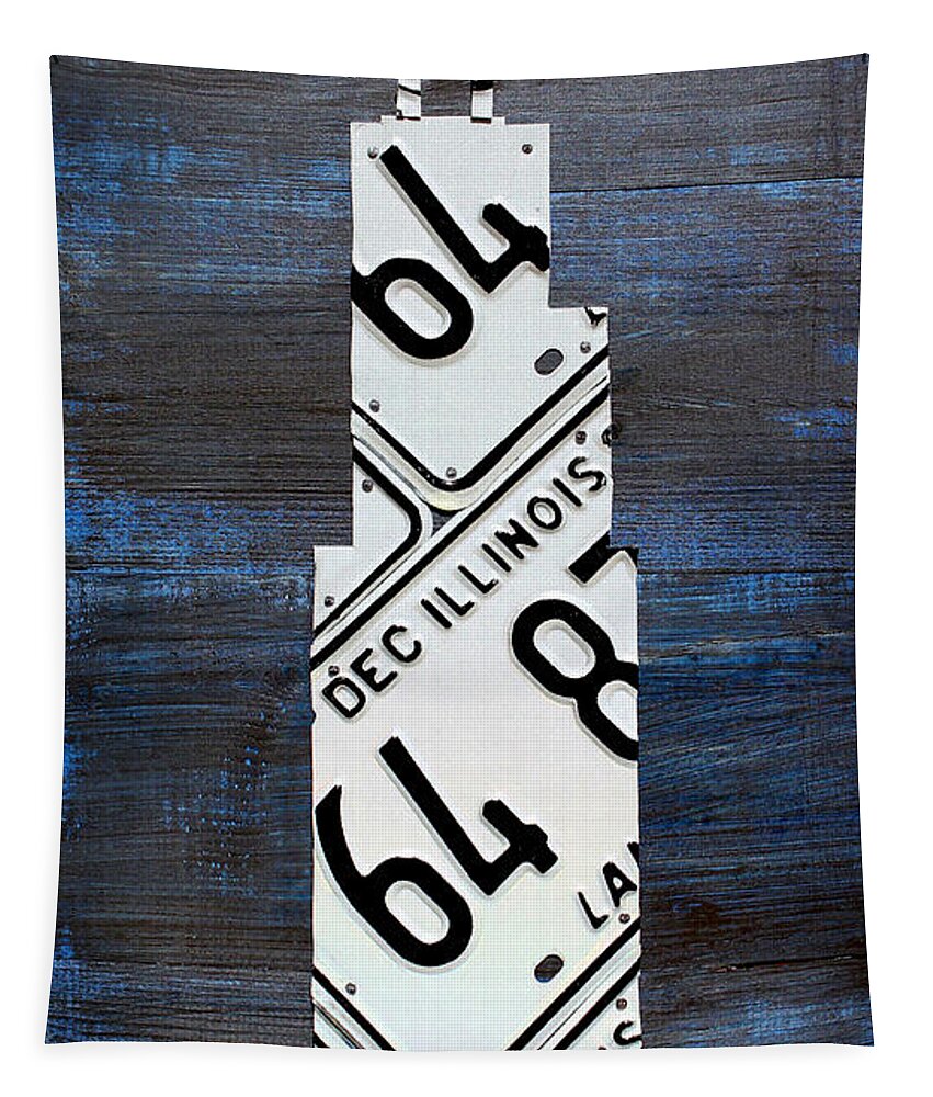 Chicago Tapestry featuring the mixed media Chicago Windy City Harris Sears Tower License Plate Art by Design Turnpike