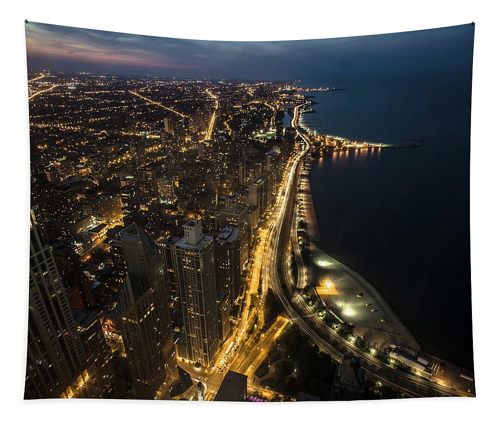 John Hancock Tapestry featuring the photograph Chicago's north side from above at night by Sven Brogren