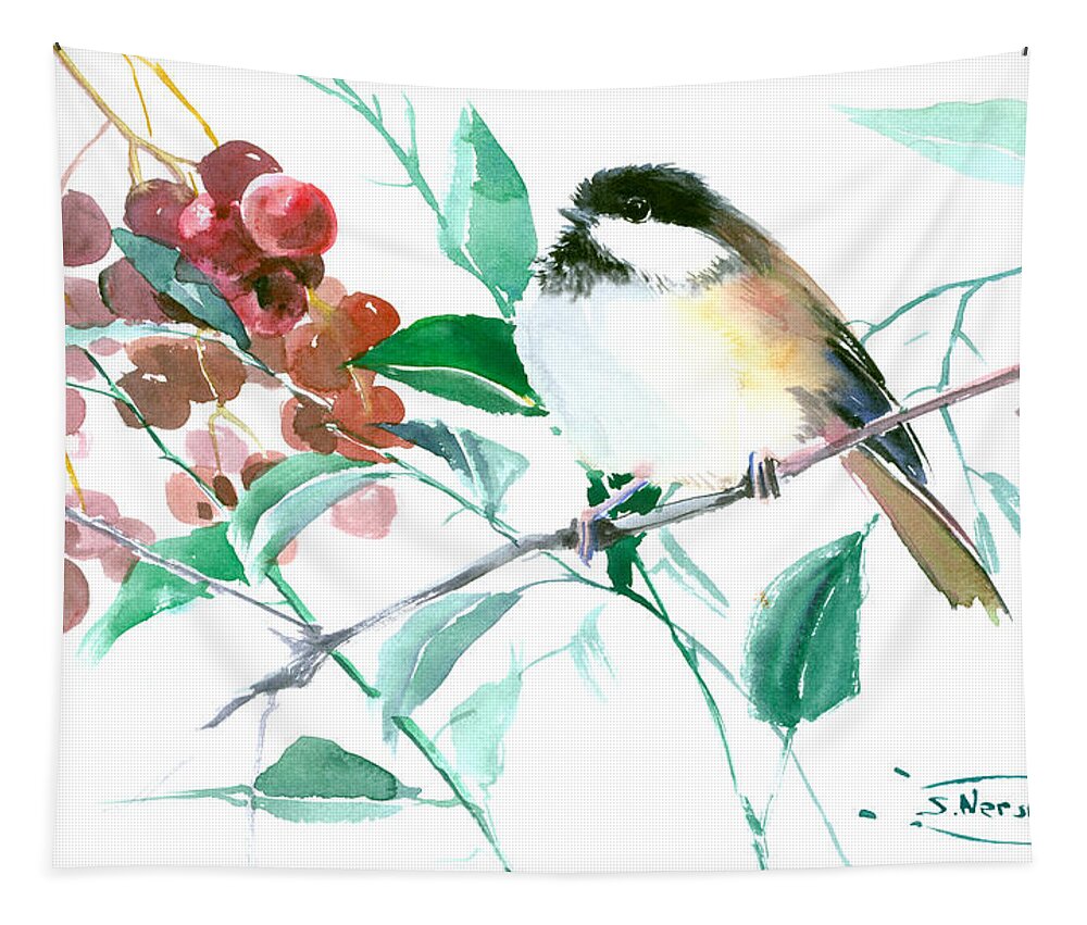 Chickadee Tapestry featuring the painting Chickadee and Berries by Suren Nersisyan