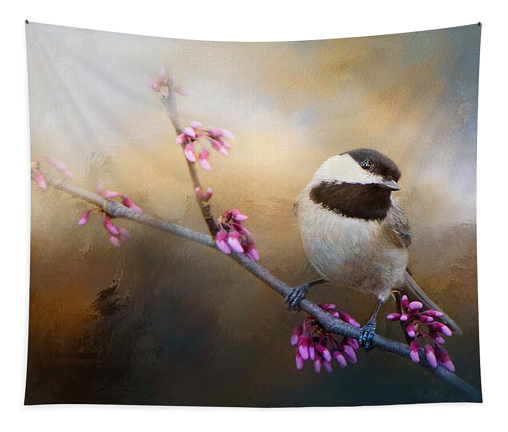 Jai Johnson Tapestry featuring the photograph Chickadee And Pink Blooms by Jai Johnson