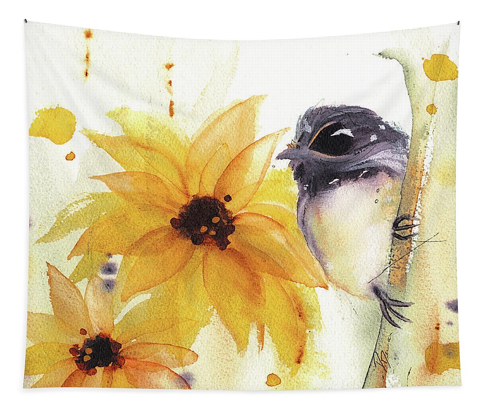 Watercolor Tapestry featuring the painting Chickadee and Sunflowers by Dawn Derman