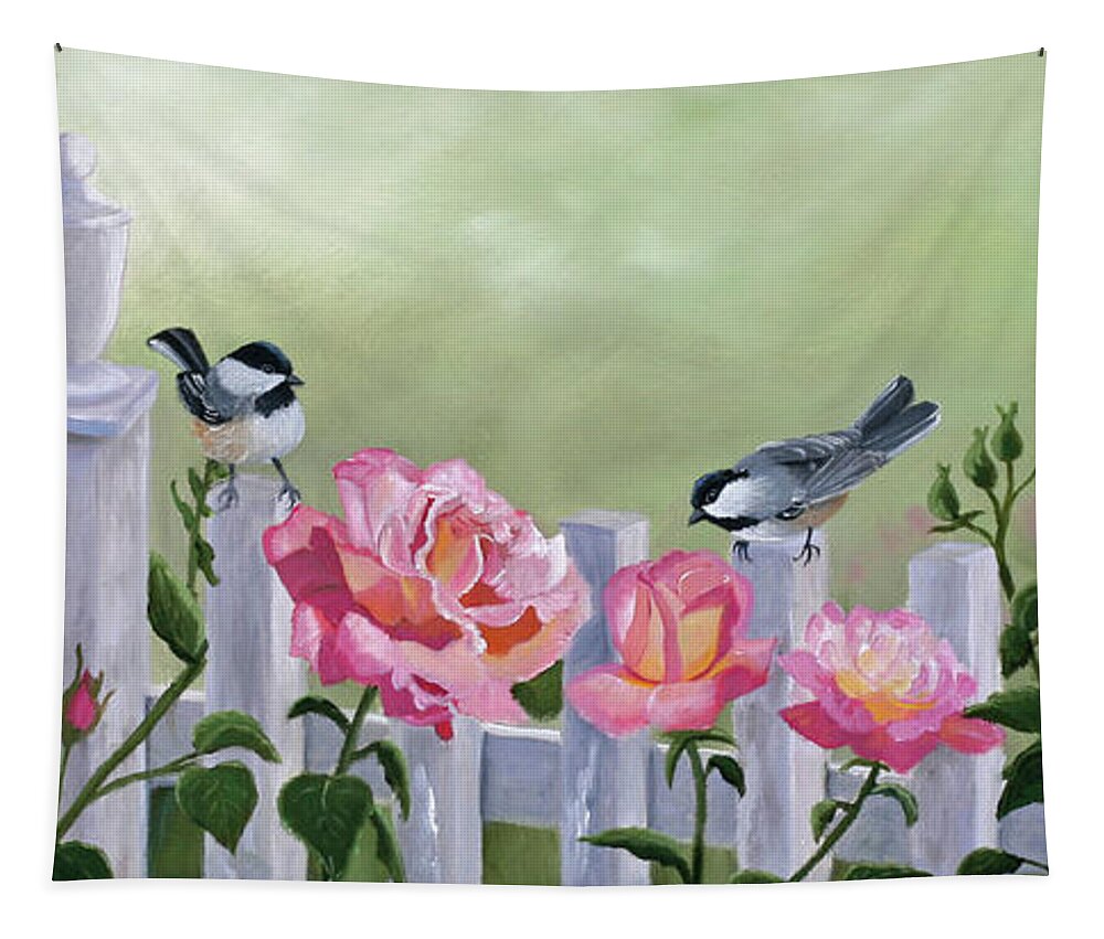 Chickadees Tapestry featuring the painting Chickadees and Pink Roses by Julie Peterson