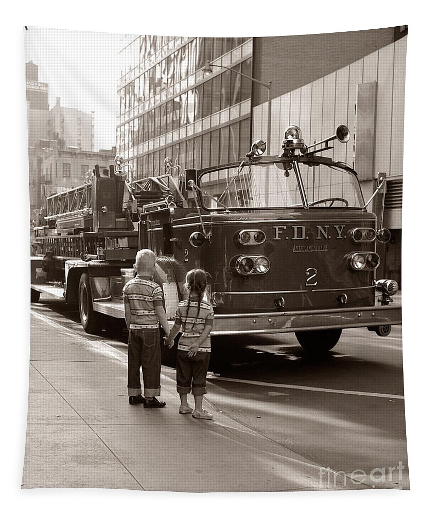 1970s Tapestry featuring the photograph Children Looking At Fire Truck, C.1970s by H. Armstrong Roberts/ClassicStock