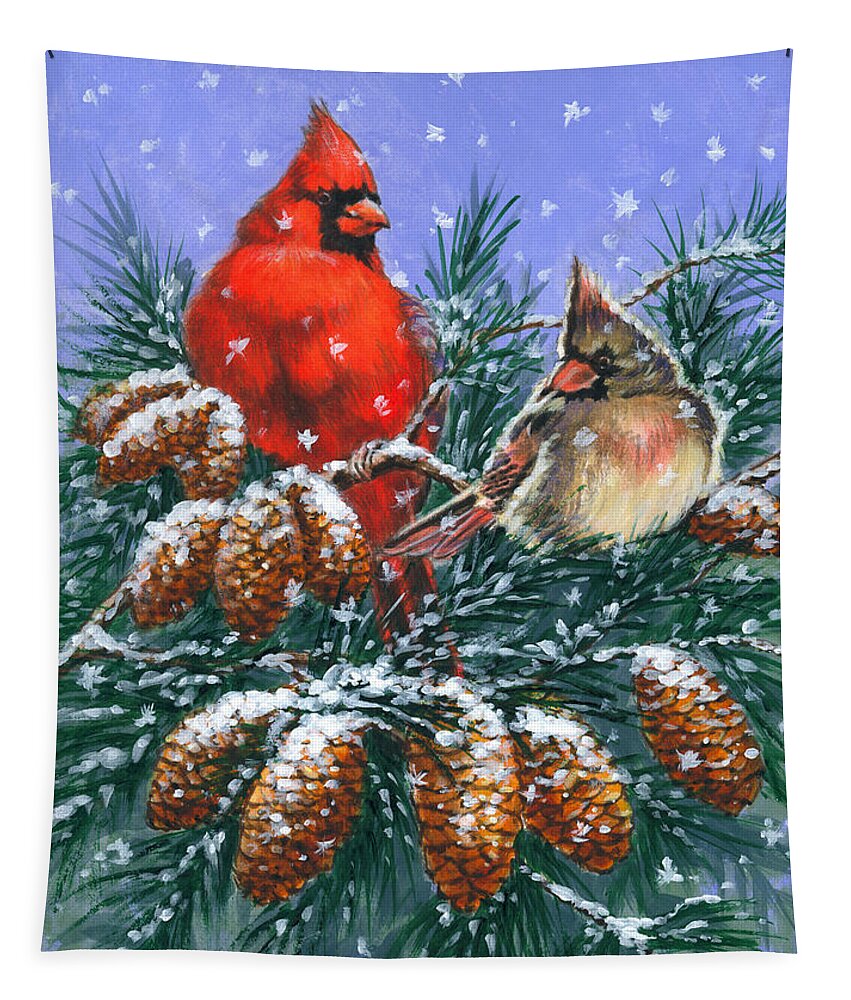 Cardinal Tapestry featuring the painting Christmas Cardinals #1 by Richard De Wolfe