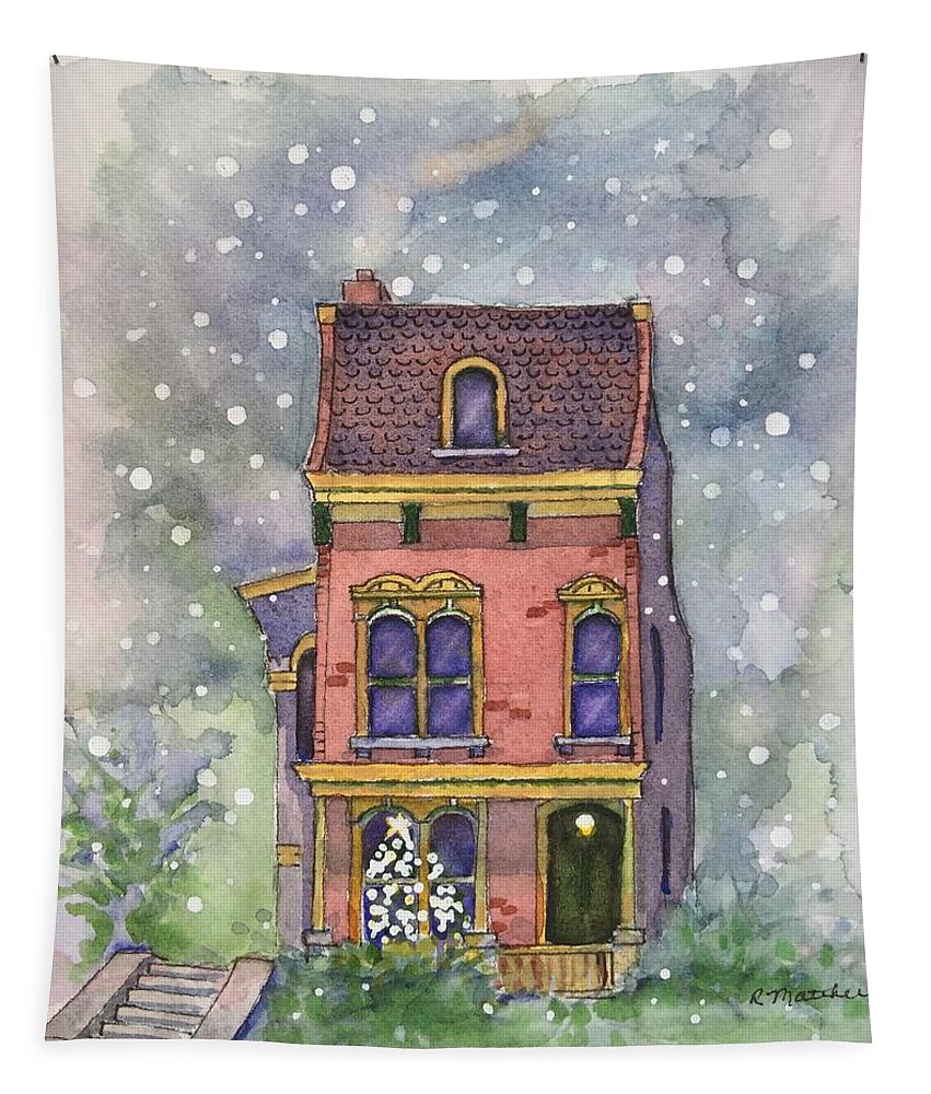 Watercolor Christmas Card Tapestry featuring the painting Christmas on North Hill by Rebecca Matthews