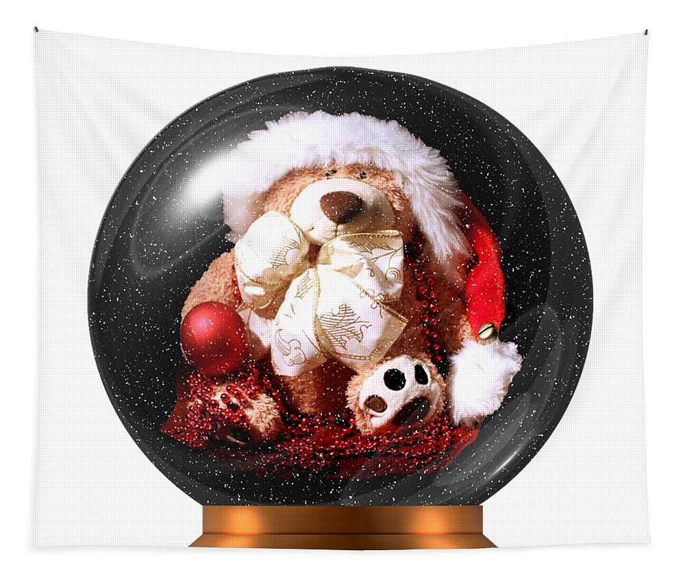 Christmas Tapestry featuring the photograph Christmas Teddy Snow Globe on a transparent background by Terri Waters