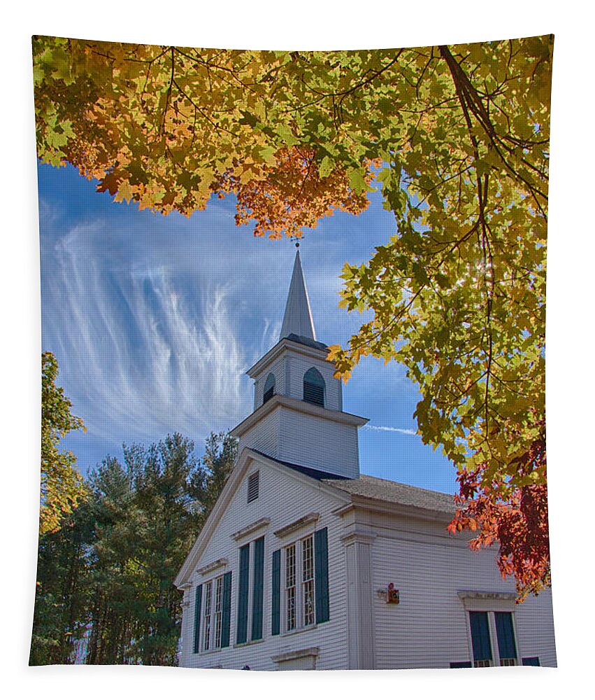 #jefffolger Tapestry featuring the photograph Church with Mares tails above and fall foliage below by Jeff Folger