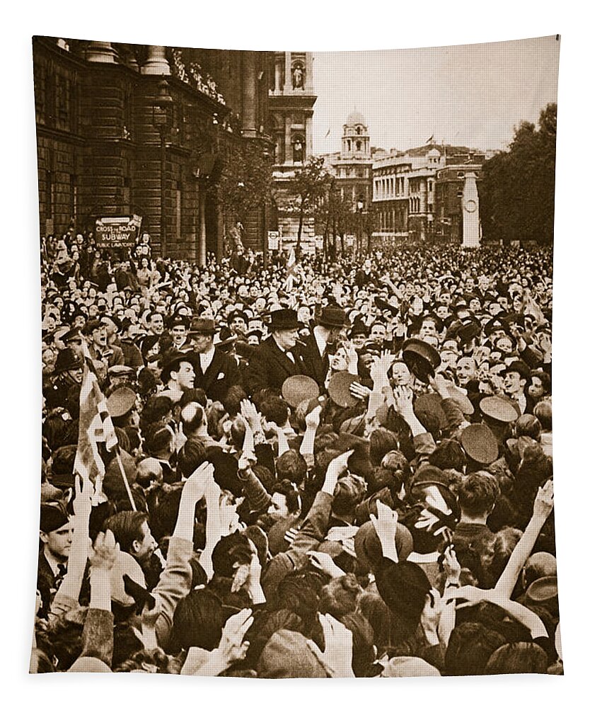 Churchill Tapestry featuring the photograph Churchill mobbed in Whitehall on VE Day by English School