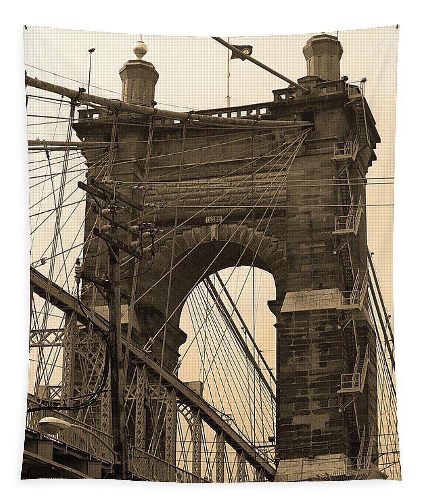 Arches Tapestry featuring the photograph Cincinnati - Roebling Bridge 4 Sepia by Frank Romeo
