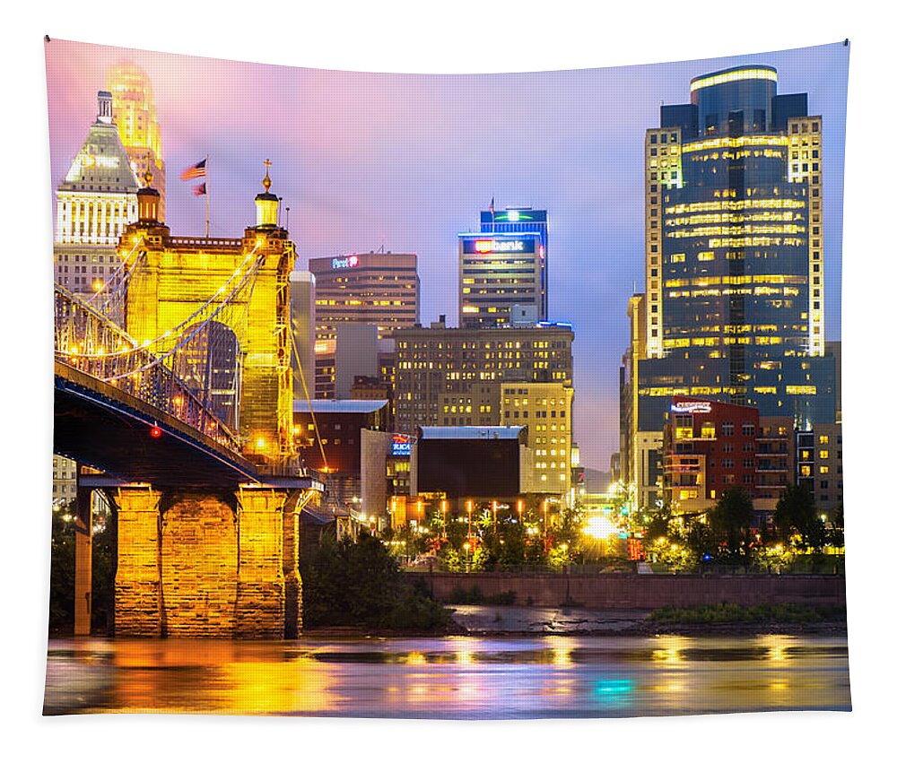 Cincinnati Skyline Tapestry featuring the photograph Cincinnati Skyline and the John Roebling Suspension Bridge by Gregory Ballos