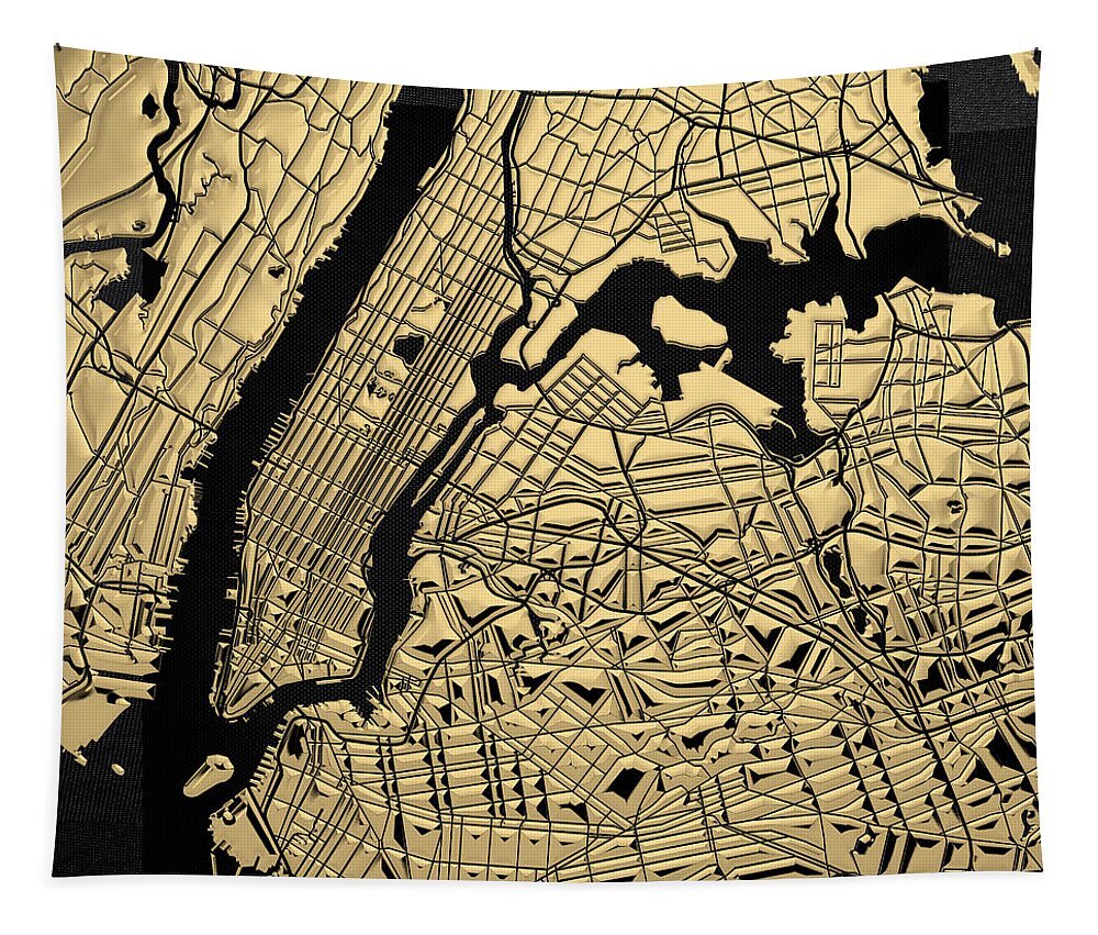 'nyc ' Collection By Serge Averbukh Tapestry featuring the digital art Cities of Gold - Golden City Map New York on Black by Serge Averbukh