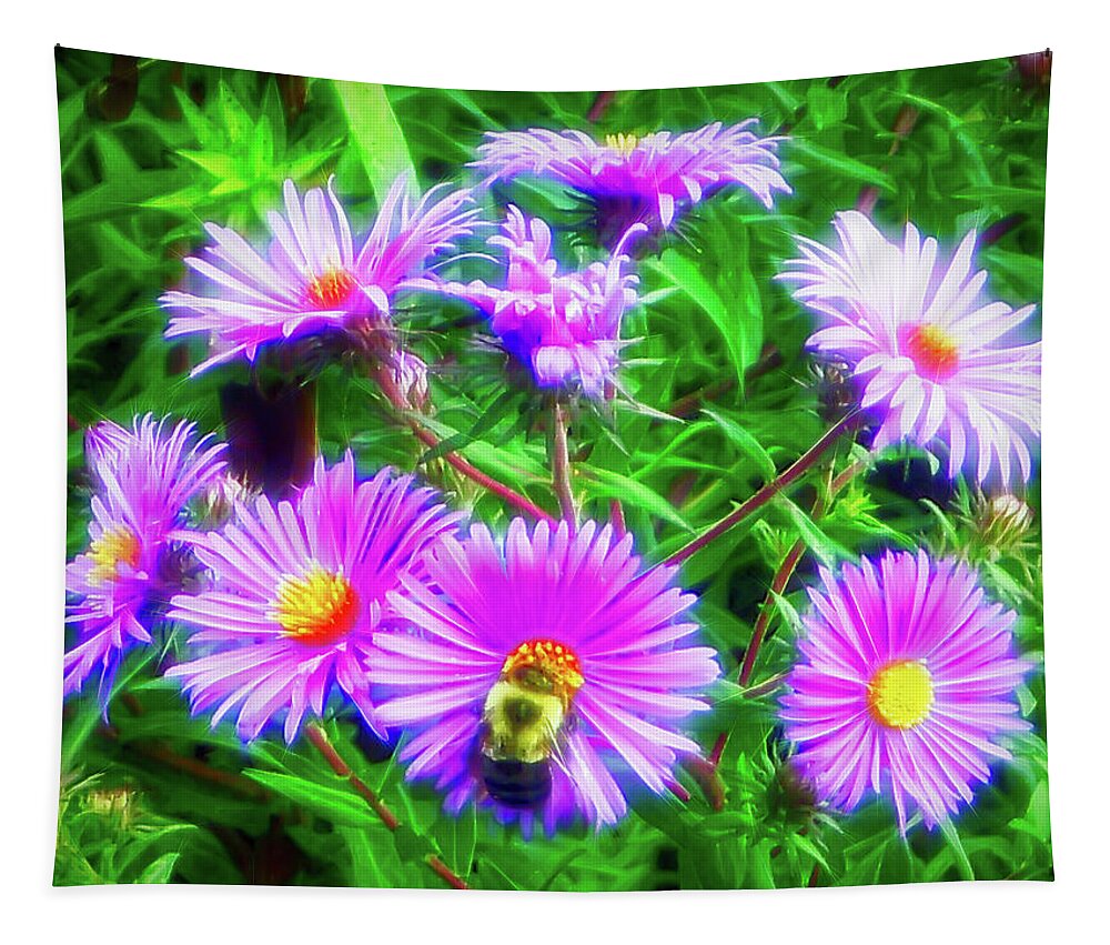 Purple Daisy Tapestry featuring the photograph City Flare Pollinating by Aimee L Maher ALM GALLERY
