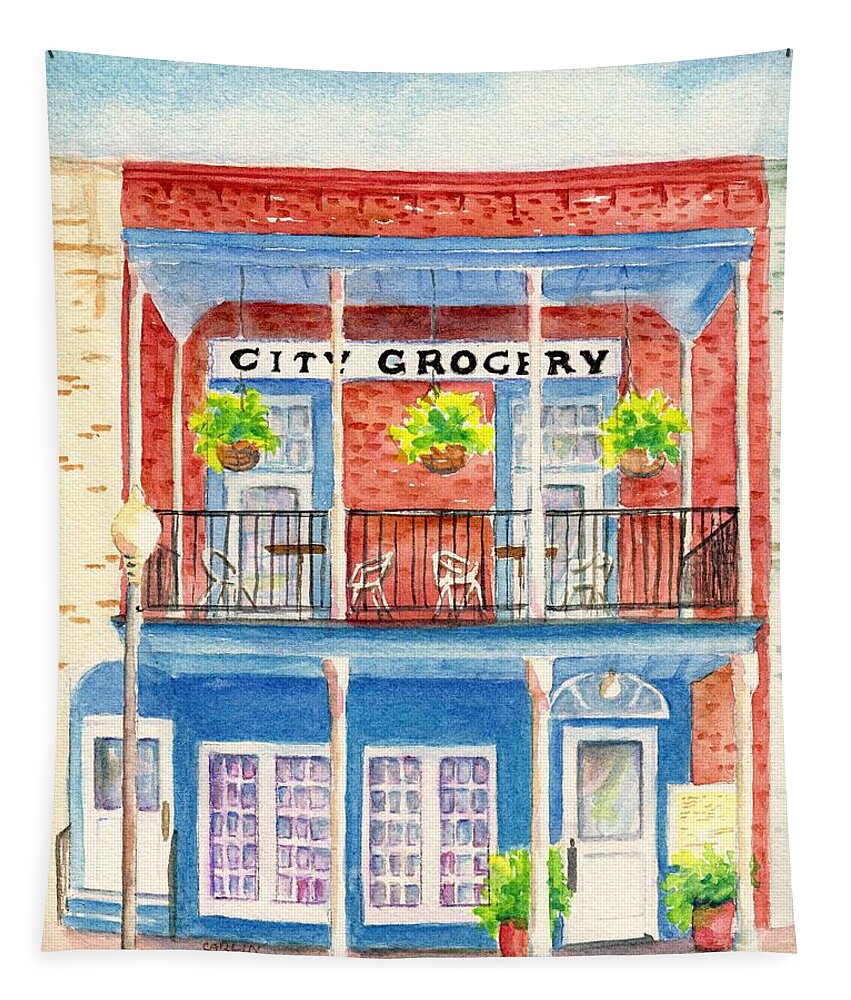 Oxford Ms Tapestry featuring the painting City Grocery Oxford Mississippi by Carlin Blahnik CarlinArtWatercolor