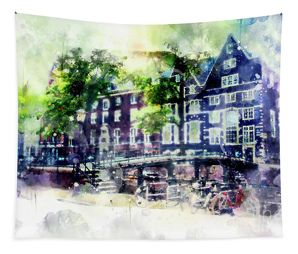 Amsterdam Tapestry featuring the digital art city life in watercolor style - Old Amsterdam by Ariadna De Raadt