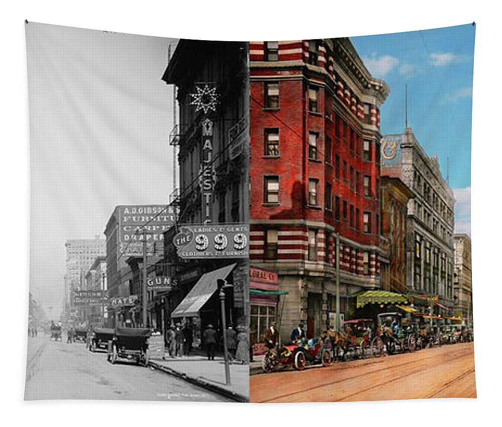 Memphis Tapestry featuring the photograph City - Memphis TN - Main Street Mall 1909 - Side by Side by Mike Savad