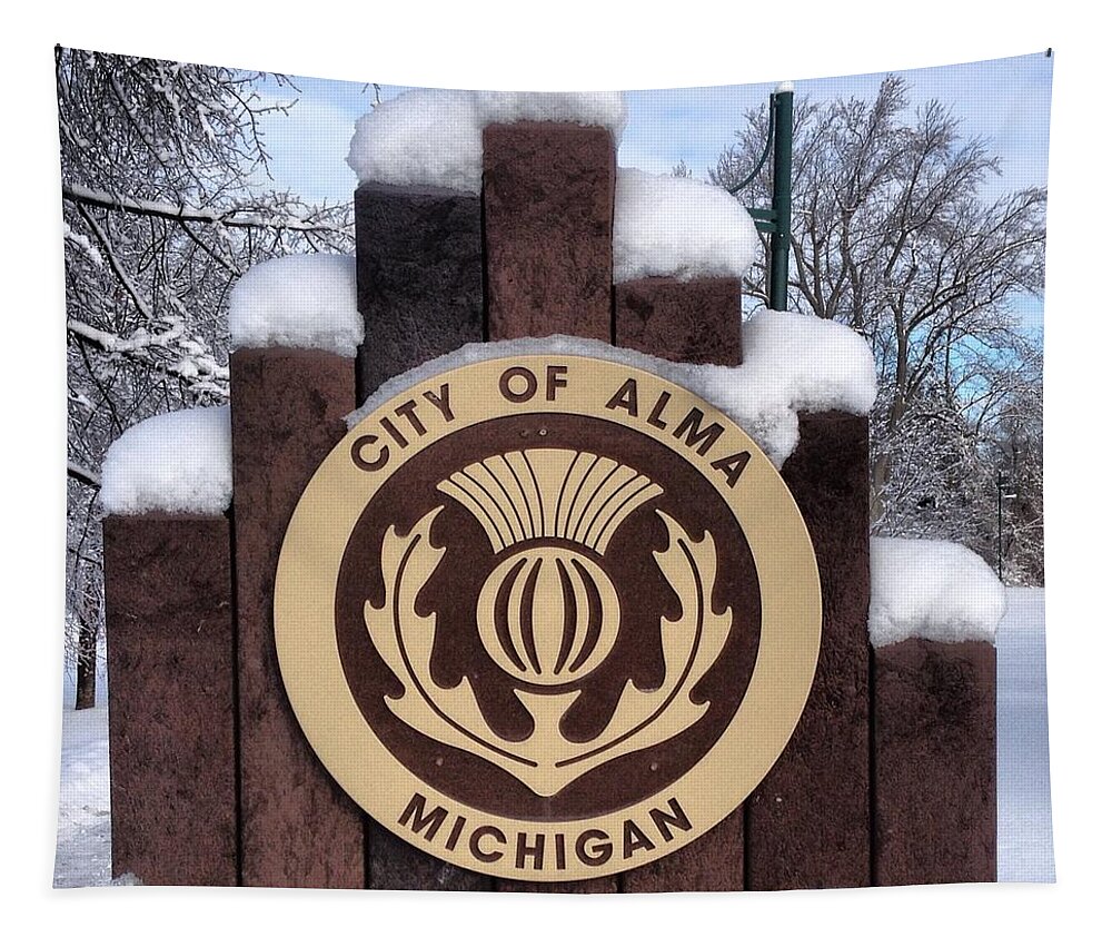 Alma Tapestry featuring the photograph City of Alma Michigan Snow by Chris Brown
