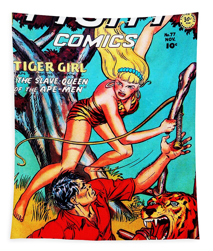 Comics Tapestry featuring the photograph Classic Comic Book Cover Fight Comics Tiger Girl 77 by Wingsdomain Art and Photography