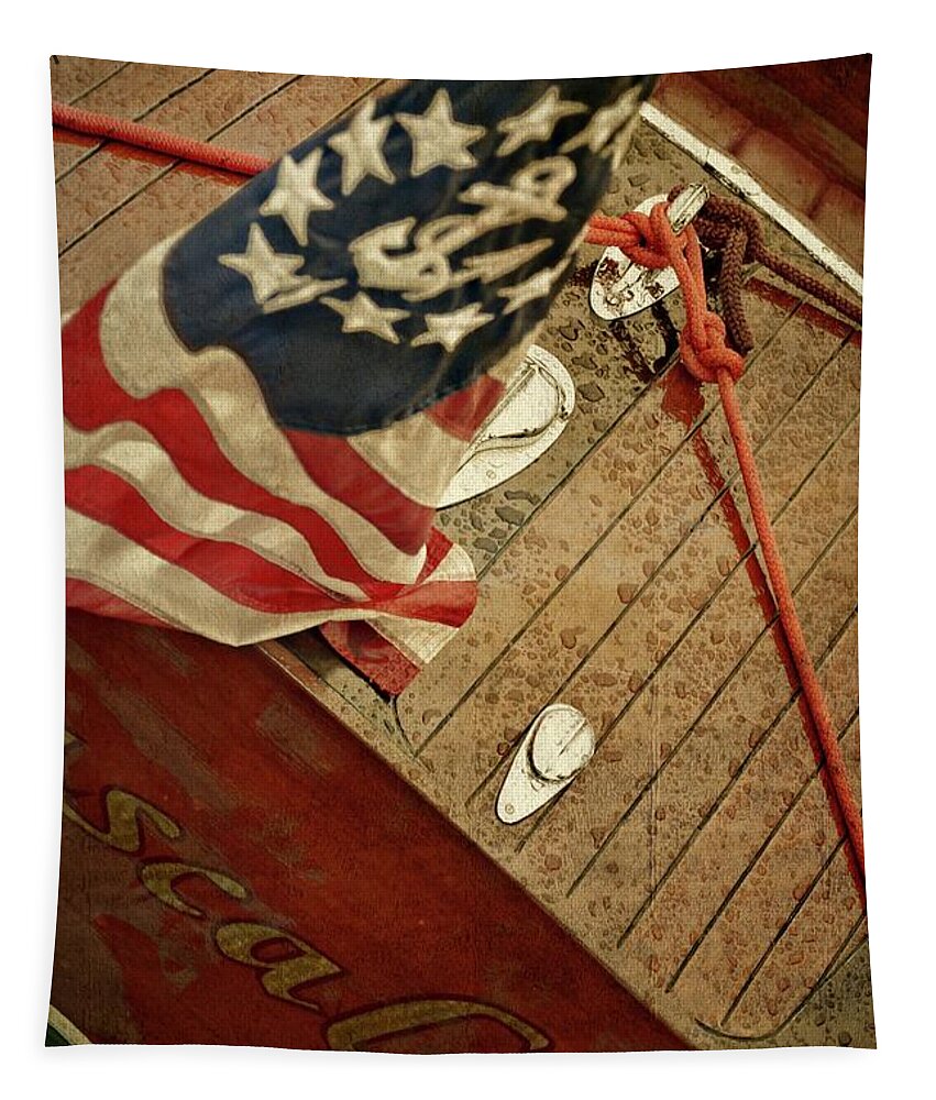 Chris Craft Tapestry featuring the photograph Classic Wooden Boat Stern with Flag by Michelle Calkins