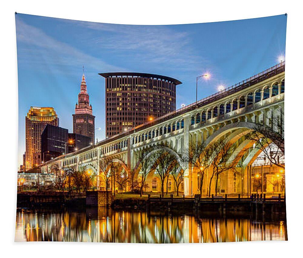 Cleveland Tapestry featuring the photograph Cleveland-- Settler's Landing Panorama by Matt Hammerstein